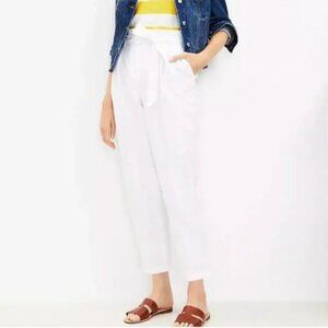 Loft White Linen Blend Paperbag Taper Trouser Cropped Pant Size XS